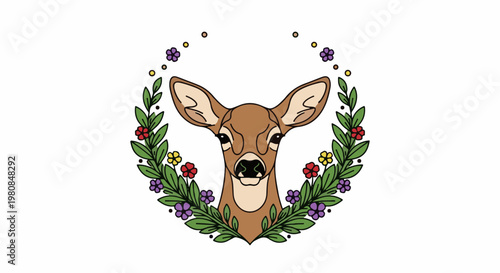 A stylized deer head adorned with a floral wreath