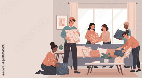 Diverse group of friends helping each other unpack boxes in a new apartment living room.