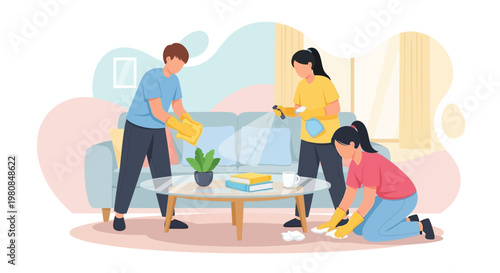 Family Cleaning House Together Doing Chores.