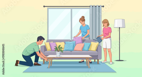 Family tidying up living room together.