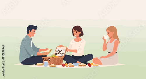 Friends enjoying a picnic and playing a game.