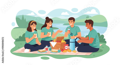 Group of friends enjoying a picnic outdoors by the water.