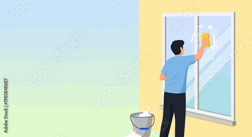 Man cleaning a large window with a sponge.