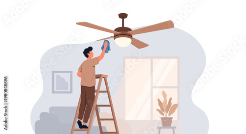 Man Cleaning Ceiling Fan with Cloth on Ladder 1.