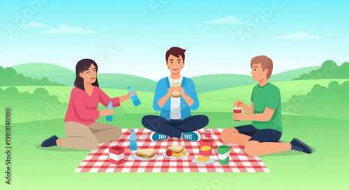 Three friends enjoying a delightful picnic lunch outdoors 1.