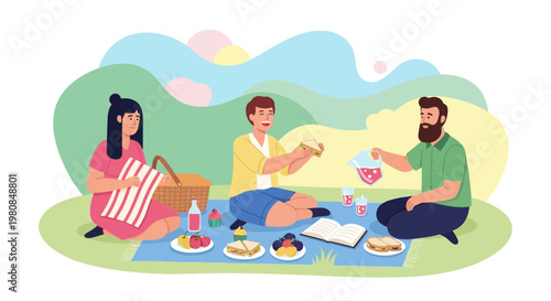 Three friends enjoying a delightful picnic lunch outdoors together.