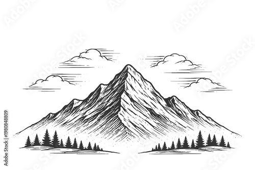 Majestic mountain peak with pine forest and clouds in vintage woodcut engraving style vector illustration for outdoor adventure and retro nature branding graphics