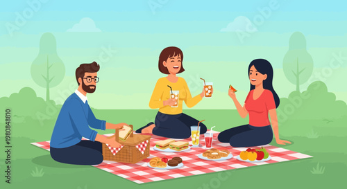 Three friends enjoying a delightful picnic lunch outdoors.