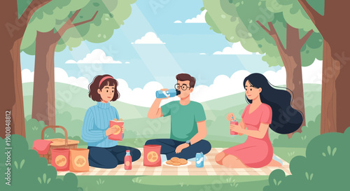 Three friends enjoying a delightful picnic outdoors 1.
