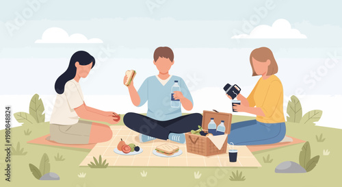 Three friends enjoying a delightful picnic outdoors on a sunny day.