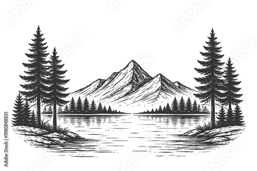 Vintage engraving mountain lake scenery with pine trees reflection vector illustration for outdoor adventure posters and retro nature branding graphics