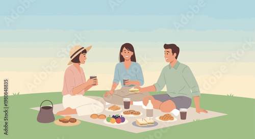 Three friends enjoying a delightful picnic outdoors together 1.