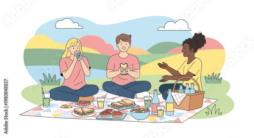 Three friends enjoying a delightful picnic outdoors together 2.