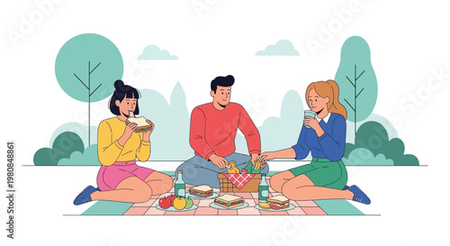 Three friends enjoying a delightful picnic together outdoors 1.
