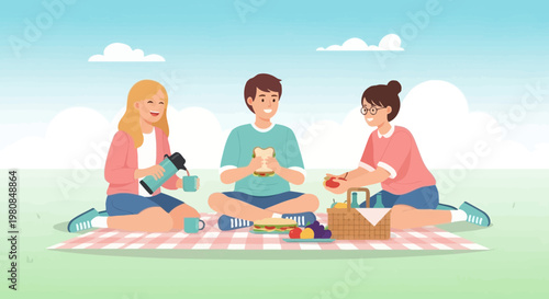 Three friends enjoying a delightful picnic together outdoors.