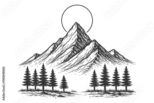 Minimalist mountain peak with full moon and pine trees in vintage engraving style vector illustration for retro night nature and outdoor branding