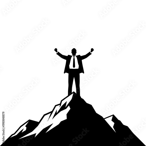 Silhouette of a Businessman Celebrating Success on Top of Mountain.