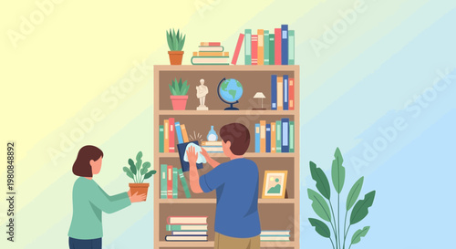 Two people organizing a bookshelf with plants.