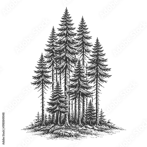 Dense cluster of pine trees in vintage woodcut engraving style vector illustration for forest branding and retro outdoor adventure graphic elements