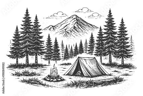 Camping tent and campfire in pine forest mountain landscape vintage engraving style vector illustration for outdoor adventure and summer camp graphics
