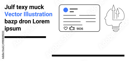 Social media, communication, creativity, digital marketing, innovation, content creation. Profile card with thumbs ups and a head with a light bulb. Social media and creativity concept