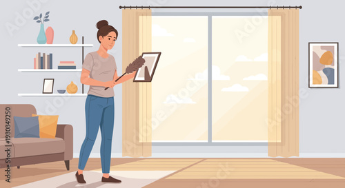 Woman dusting a framed picture with a feather duster.