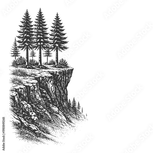 High cliff landscape with pine trees overlooking the sea in vintage woodcut style vector illustration for coastal adventure and retro nature designs