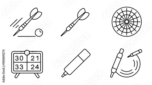 Dart Game Icons: Set of dart game icons, minimalist line art showcasing a dart in flight, a single dart, a target, a score board, a marker and a pencil.