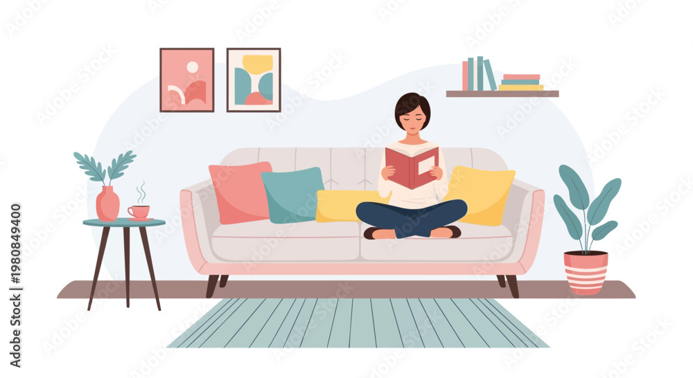 Fototapeta premium Woman reading a book on a comfortable sofa.