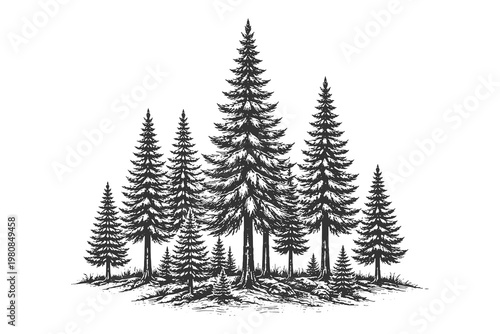 Cluster of pine trees in vintage woodcut engraving style vector illustration for minimal nature branding and retro outdoor adventure graphic elements