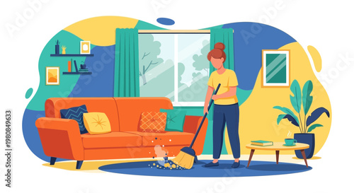 Woman sweeping floor in living room with broom.