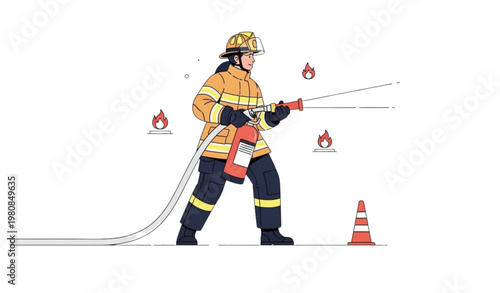 Female firefighter training concept woman practicing fire safety drill vector illustration