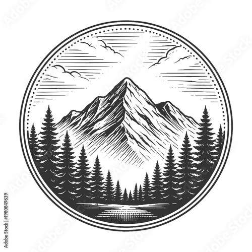 Circular mountain landscape badge with pine forest in vintage woodcut style vector illustration for outdoor brand logo and retro adventure emblems