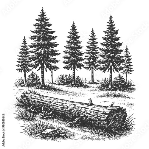 Vintage engraving of pine forest with fallen log on foreground vector illustration for lumberjack themes and retro outdoor adventure branding graphics