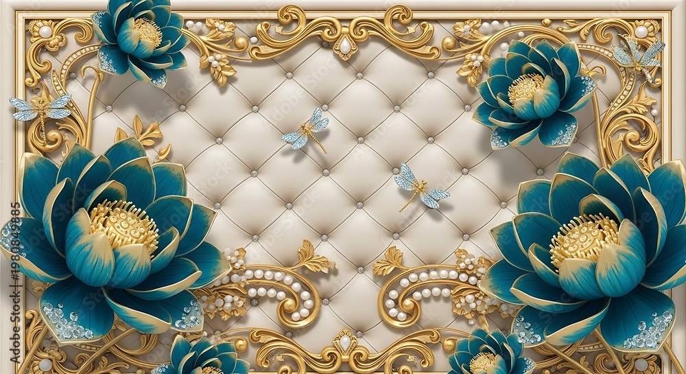 Fototapeta premium A luxurious decorative panel with blue flowers and gold accents on a white background