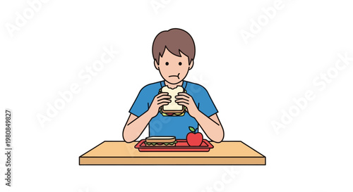 Boy Eating Sandwich at Desk.