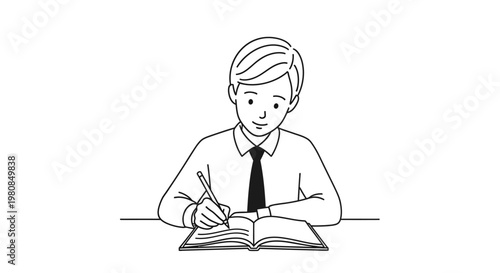 Boy writing in book with pen.