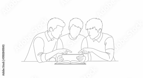 Three men looking at a tablet.