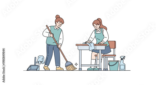 Two people cleaning with cleaning tools.