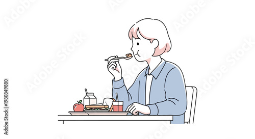 Woman eating breakfast at a table.