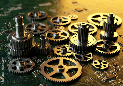 Close up view of miniature metal gears arranged on a dark electronic circuit board representing mechanical and digital progress