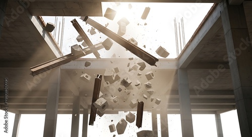 Broken ceiling with debris falling down.