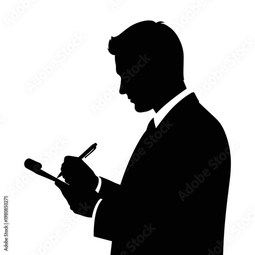 Silhouette of a Businessman Writing on Clipboard with Pen.