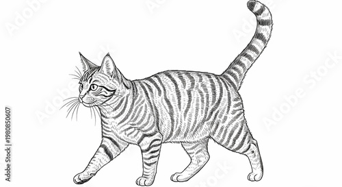 A detailed black and white sketch of a domestic tabby cat walking gracefully with its tail raised.
