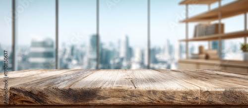 Empty wooden table with blurred city skyline view from a modern office