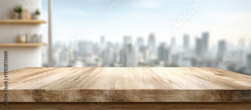 Empty light wooden table with a blurred city skyline background through a window