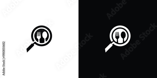 Magnifying glass logo with fork and spoon food search concept.