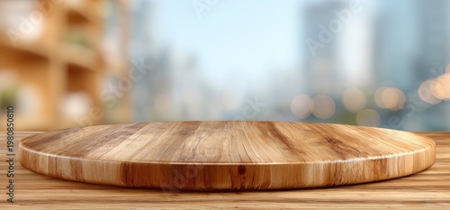 Circular wooden display platform on a blurred urban background with bokeh lights