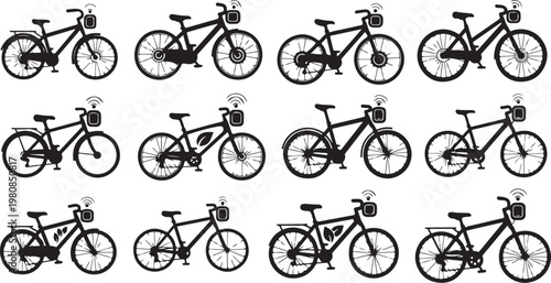 Collection of bicycles in various positions and styles shown