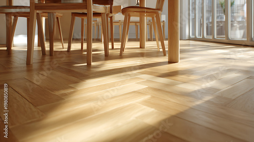 Modern Herringbone Parquet Wood Flooring in Sunlit Dining Room Interior Design with Natural Oak Texture and Elegant Minimalist Furniture for Home Renovation Inspiration.